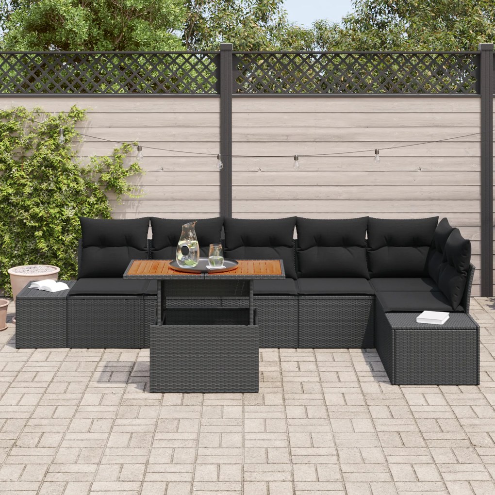 Conjunto de Sofá de Jardim de 7 Peças com Almofadas Preto Rattan Polím