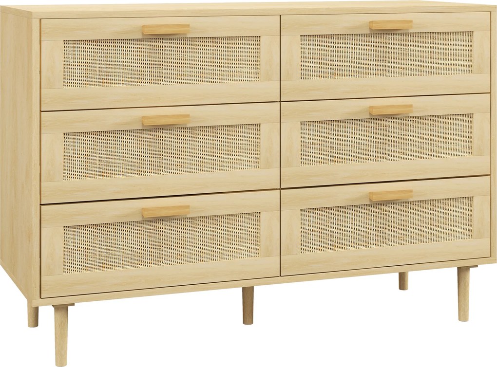 HOMCOM Cómoda para Quarto com 6 Gavetas e Frontal de Vime Pés de Madeira Estilo Bohemio 110x40x75 cm Madeira | Aosom Portugal
