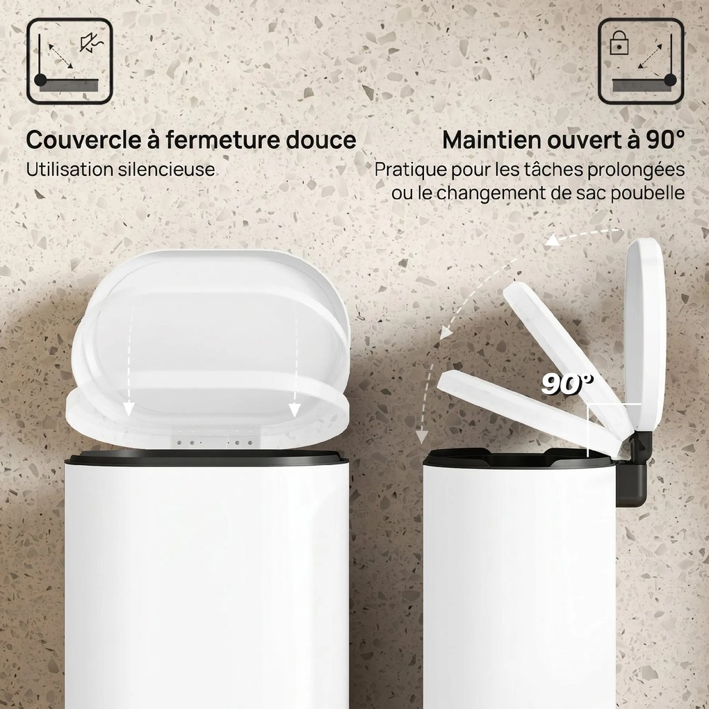 Caixote do lixo de cozinha de 30 L, com pedal, balde interior removível, tampa com fecho suave, 36,5 x 31 x 61 cm, branco