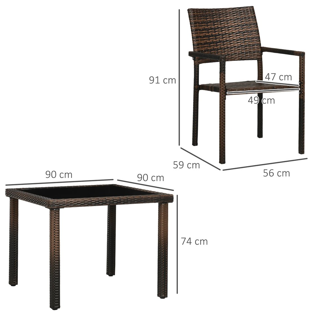 Conjunto de Móveis de Vime Sintético Conjunto de Refeição 5 Peças Mesa com Bancada de Vidro e 4 Cadeiras com Almofadas para Varada Pátio Marrom