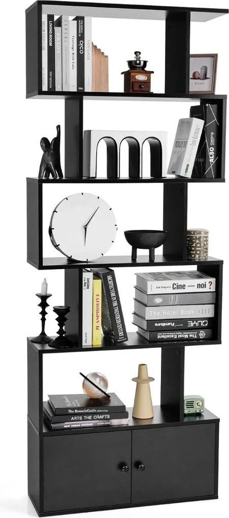 Estante em forma de S com 6 níveis e portas 70 cm x 23 cm x 183 cm Design moderno e versátil para organizar e decorar a sala, o quarto ou o escritório