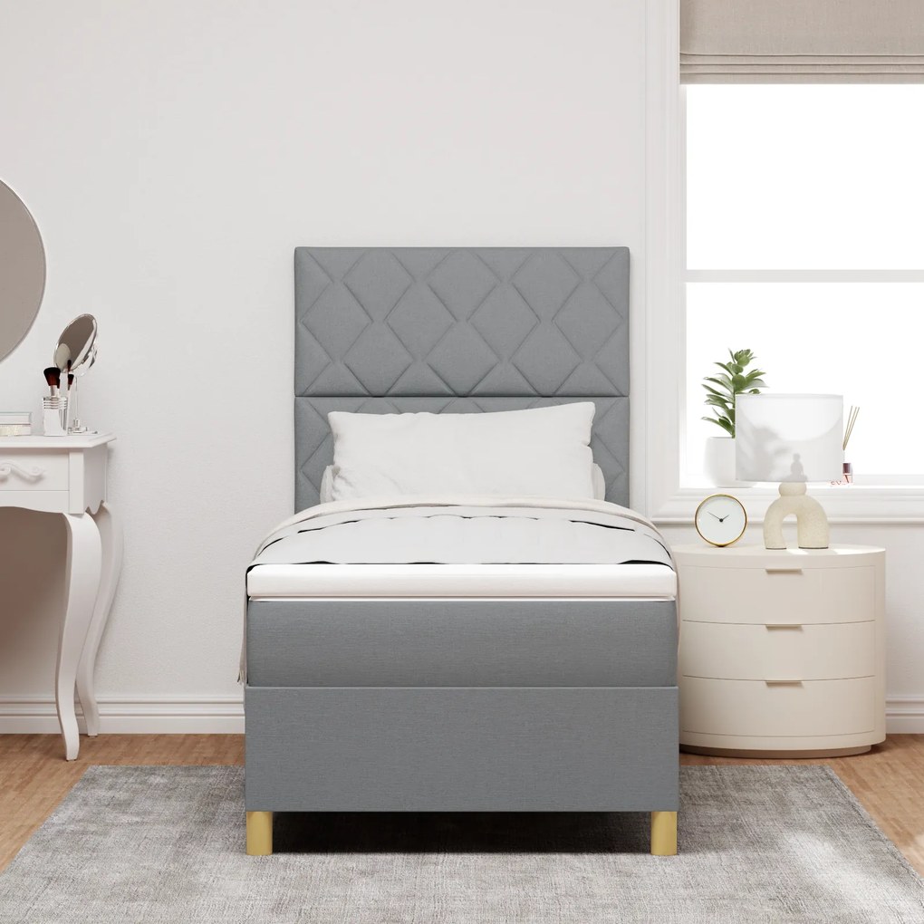 Cama Box com Colchão e Luz LED Cinzento-Claro 90x200 cm em Tecido