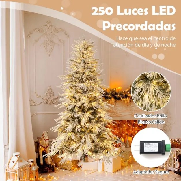 Árvore de Natal com neve 180 cm com luzes incorporadas 250 luzes LED brancas quentes 594 pontas de PVC e PE Verde e Branca