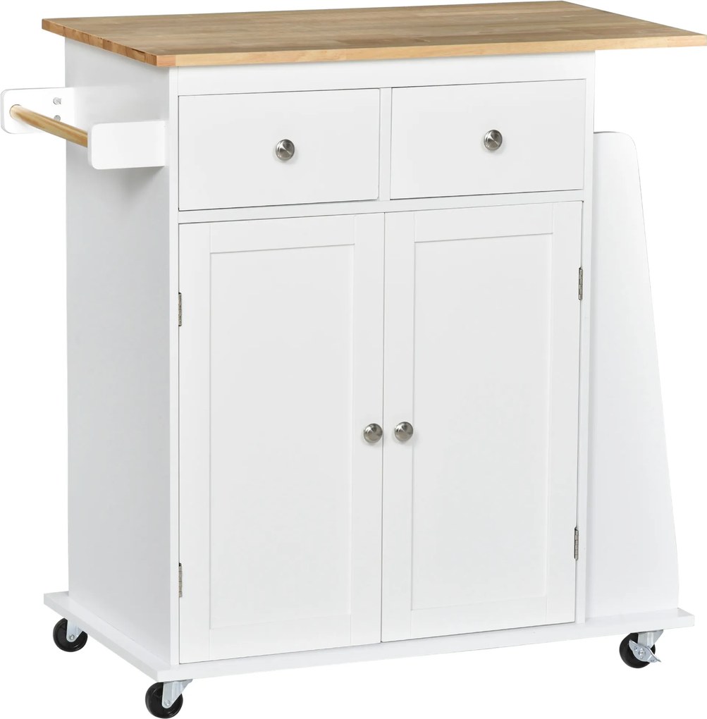 Carrinho de cozinha com ilha, bancada, prateleira para garrafas, suporte para panos de cozinha, 2 gavetas e armário de 2 portas em MDF branco