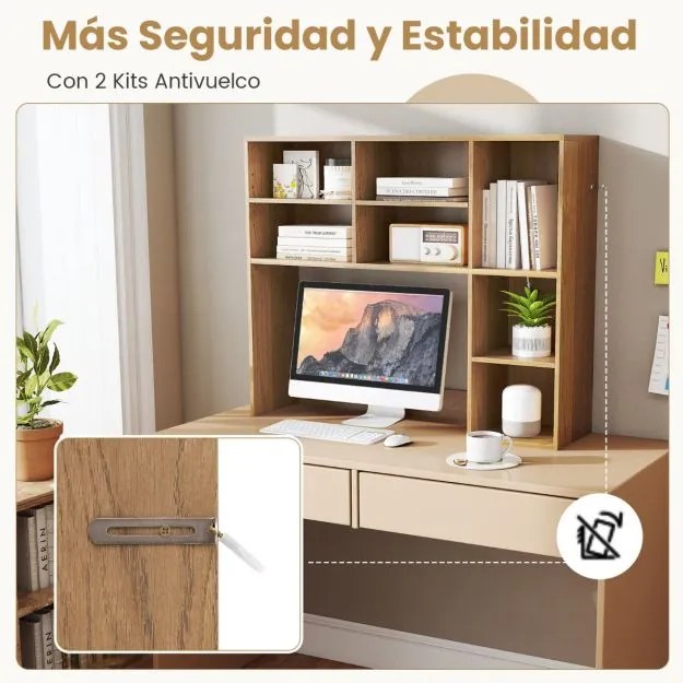 Estante de secretária 94 x 25 x 79 cm com 3 prateleiras ajustáveis e compartimento aberto para monitores até 27" para casa e escritório Natural