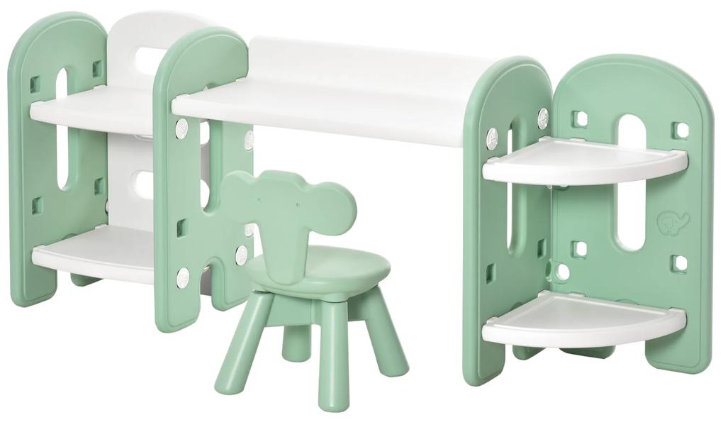 HOMCOM Conjunto de Mesa e Cadeira Infantil 2 em 1 com Prateleira Conjunto de Mesa e Cadeira para Crianças com 4 Prateleiras de Armazenamento para Livros Brinquedo 150x35x62,5cm Verde e Branco
