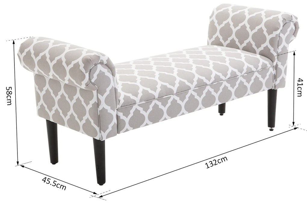 Banco com Braços, Estofado Junto à Cama tipo Banco de Madeira para Quarto ou Corredor - 132x45,5x58cm