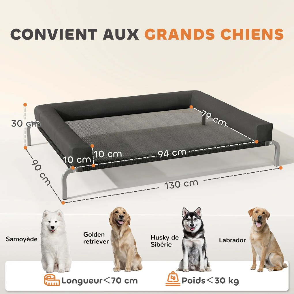 Cama elevada refrescante para cães, cama portátil para cães para interior e exterior, 130 x 90 x 30 cm, preta