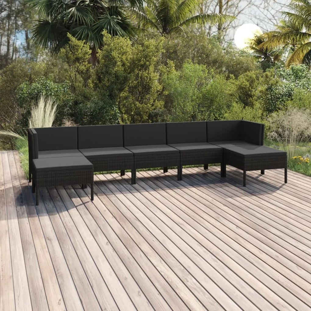 7 pcs conjunto lounge de jardim c/ almofadões vime PE preto