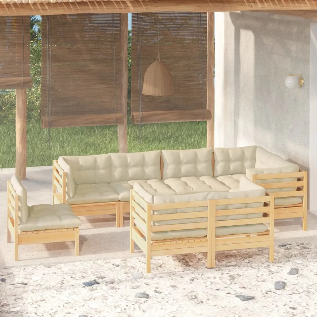 vidaXL 8 pcs conjunto lounge jardim c/ almofadões creme pinho maciço