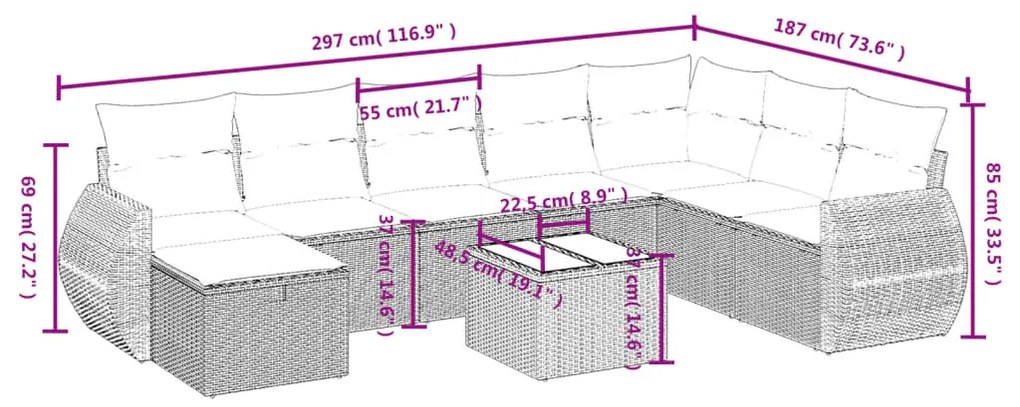 9 pcs conjunto sofás p/ jardim com almofadões vime PE cinzento