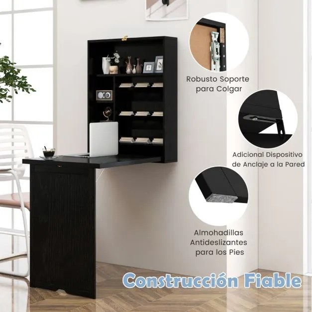 Secretária parede dobrável conversível com divisória de 3 níveis e prateleiras ajustáveis, Economiza espaço 60 x 94,5 x 151 cm Preto