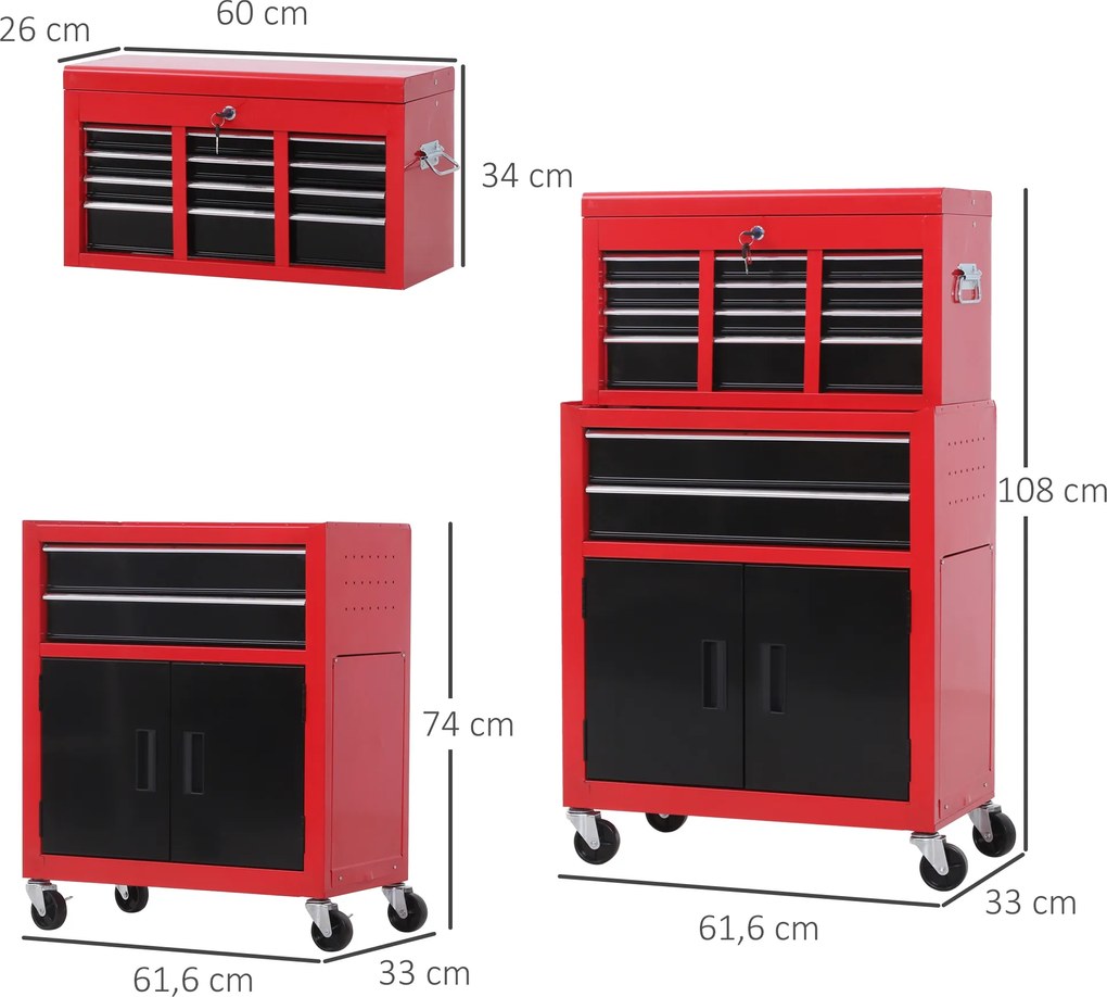 Carrinho de Ferramentas com Baú Superior 6 Gavetas Armário Fechadura e 4 Ganchos para Garagem 61,6x33x108 cm Vermelho