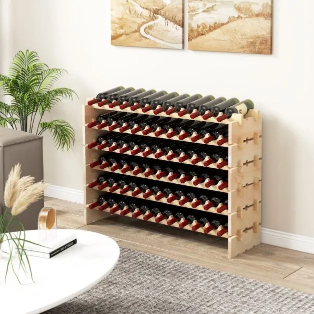 Garrafeira para 60 garrafas de vinho empilháveis Estante para vinhos de 6 níveis 101 x 29 x 73 cm Natural