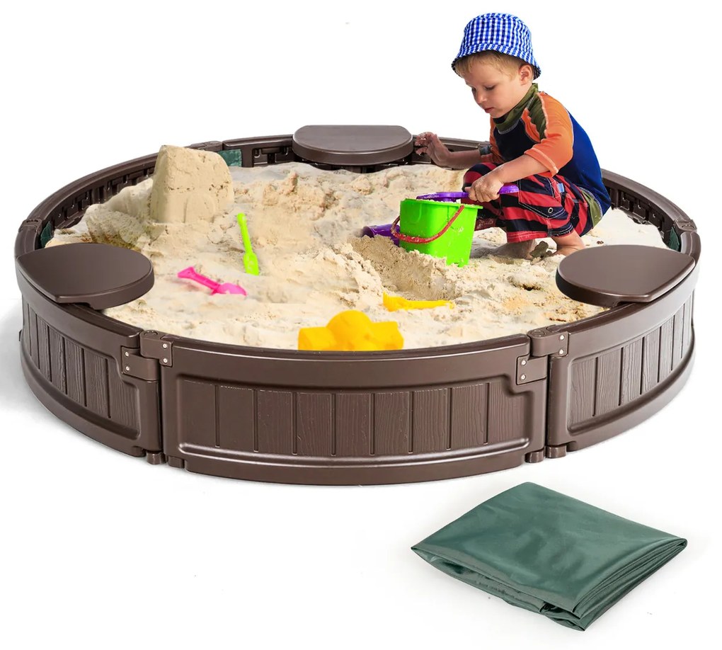 Caixa de areia infantil redonda 120 cm para 4 crianças Kit caixa de areia ao ar livre com assentos à prova d'água para pátio praia Castanho