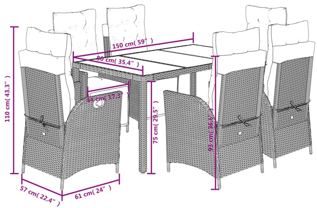 7 pcs conjunto de jantar p/ jardim c/ almofadões vime PE cinza
