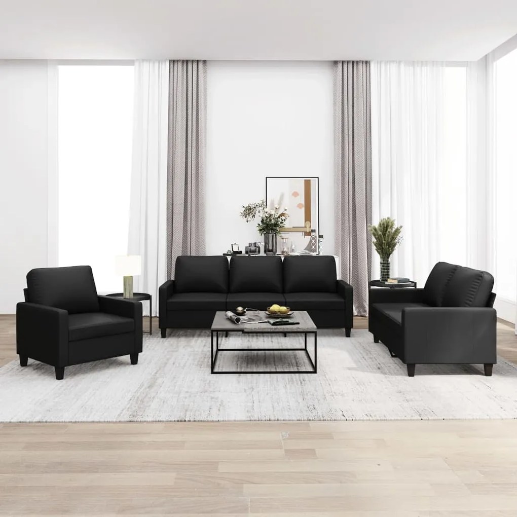 vidaXL 3 pcs conjunto de sofás com almofadões couro artificial preto