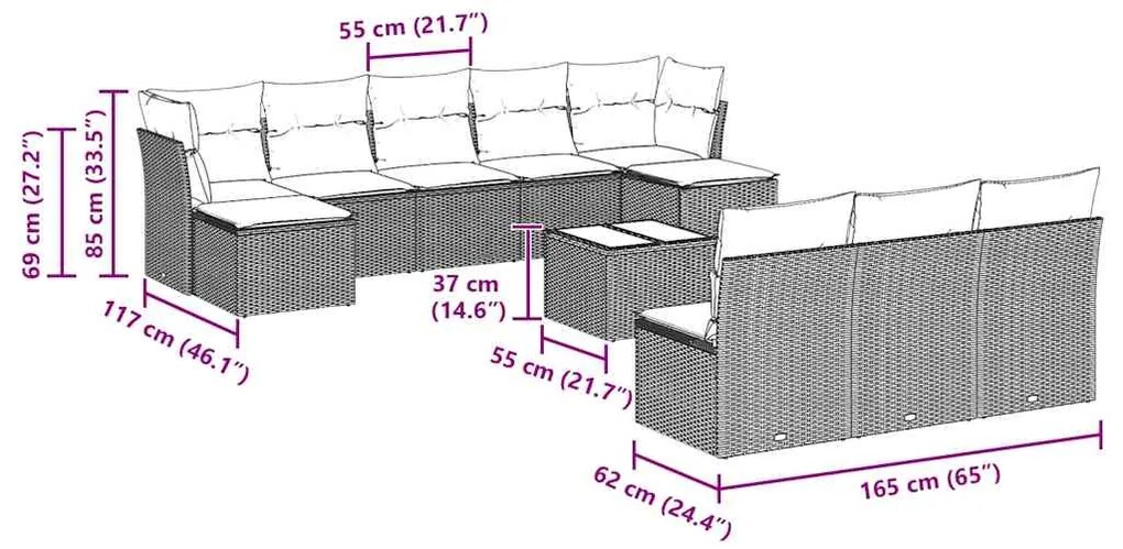11 pcs conjunto sofás de jardim c/ almofadões vime PE cinzento