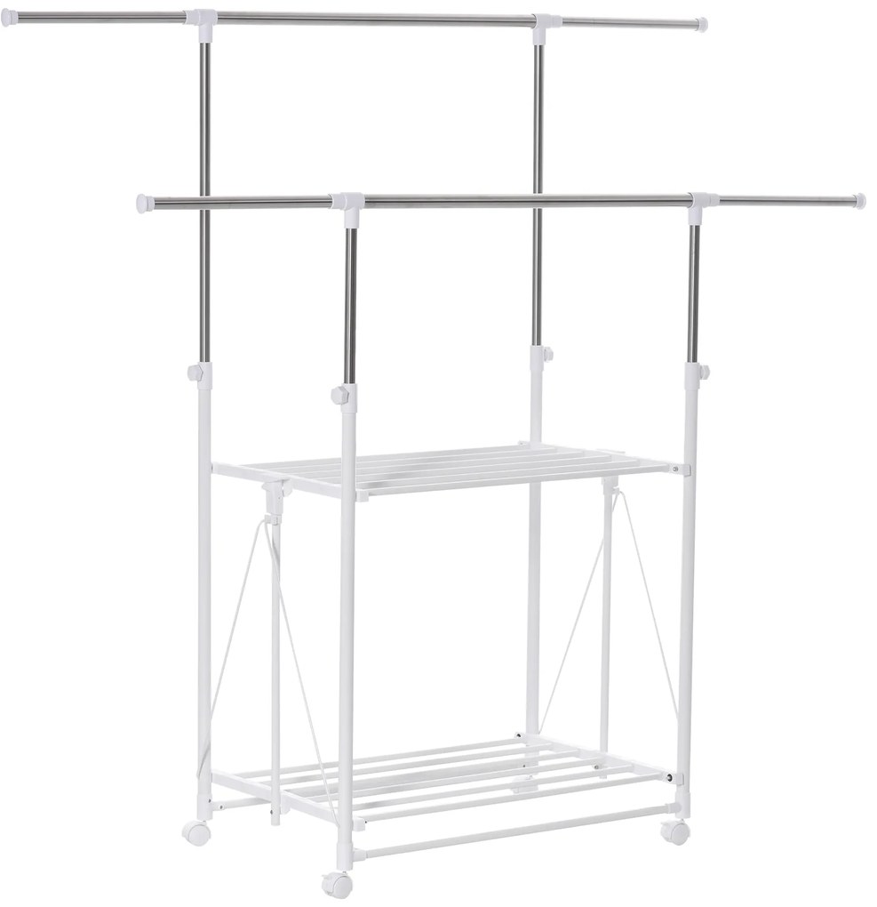 Cabideiro Dobrável para Roupa com Rodas Barras para Pendurar Extensíveis Altura Ajustável e 2 Prateleiras 88-157x50x95-160cm HOMCOM | Aosom Portugal