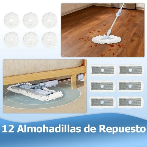 Conjunto de esfregona e balde para lavagem sem mãos com design de tanque duplo 1 esfregona retangular e 1 redonda com 2 almofadas de microfibra azuis