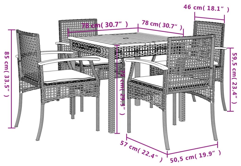 5 pcs conjunto de jantar p/ jardim com almofadões vime PE bege