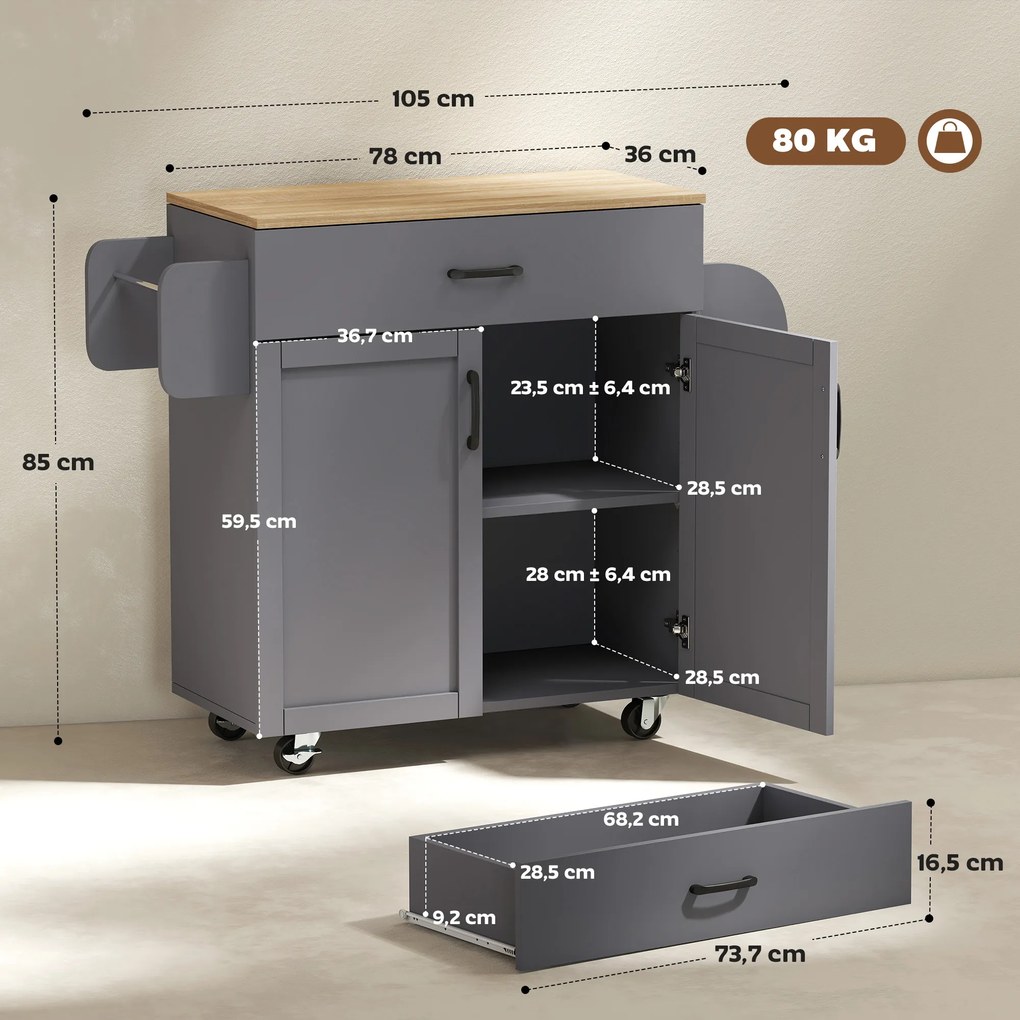 Carrinho Ilha de Cozinha com 1 Gaveta Suporte para Panos e Especies Carrinho Auxiliar com Rodas 105x36x85 cm Cinza