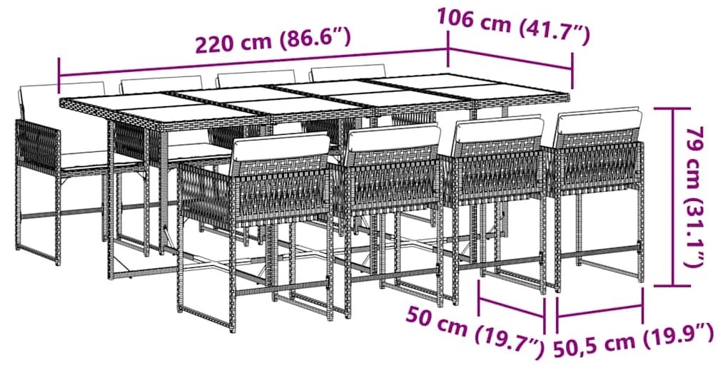 9 pcs conjunto de jantar p/ jardim com almofadões vime PE bege