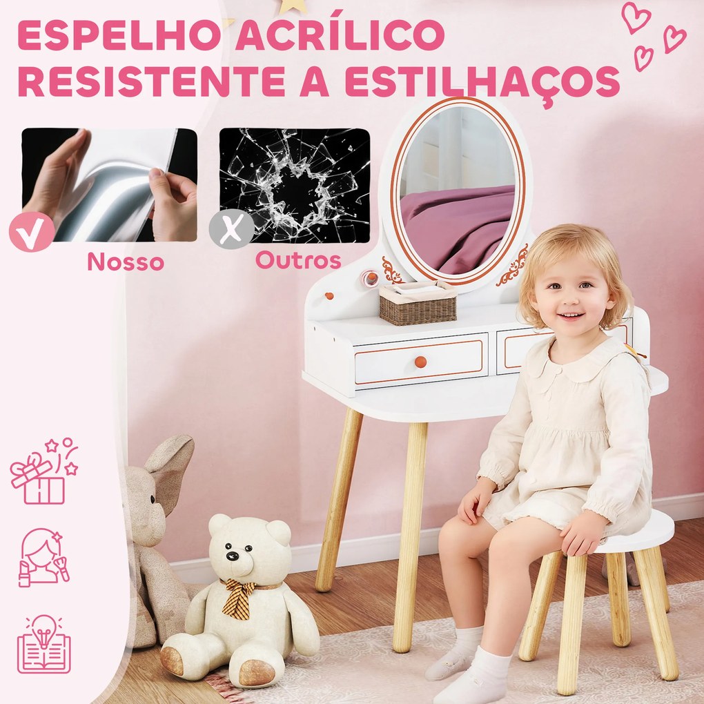 Toucador Infantil de Maquilhagem com Banqueta e Espelho 2 Gavetas e Barras para Pendurar dos 3 aos 8 Anos, Branco