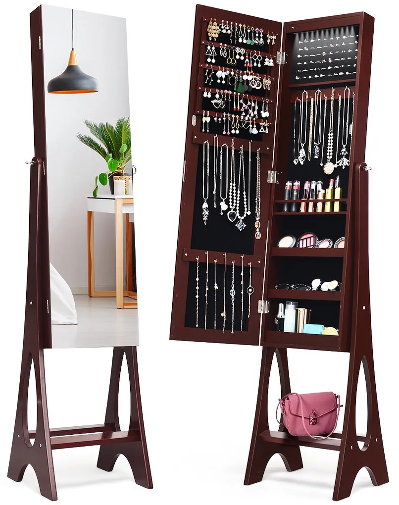 Guarda Joias com espelho de corpo inteiro com 12 luzes LED Design Vertical Ângulo ajustável Organizador de jóias  36 x 33,5 x 154 cm Castanho