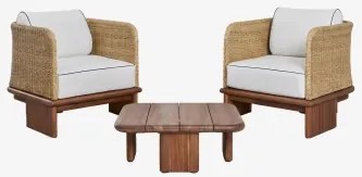 Conjunto De Jardim Com 2 Poltronas E Mesa De Centro Quadrada 70x70 Cm Em Rattan E Madeira De Acácia Famara Castanho-acácia Escuro - Sklum