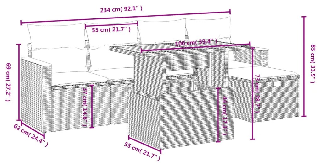 6 pcs conjunto sofás de jardim c/ almofadões vime PE preto