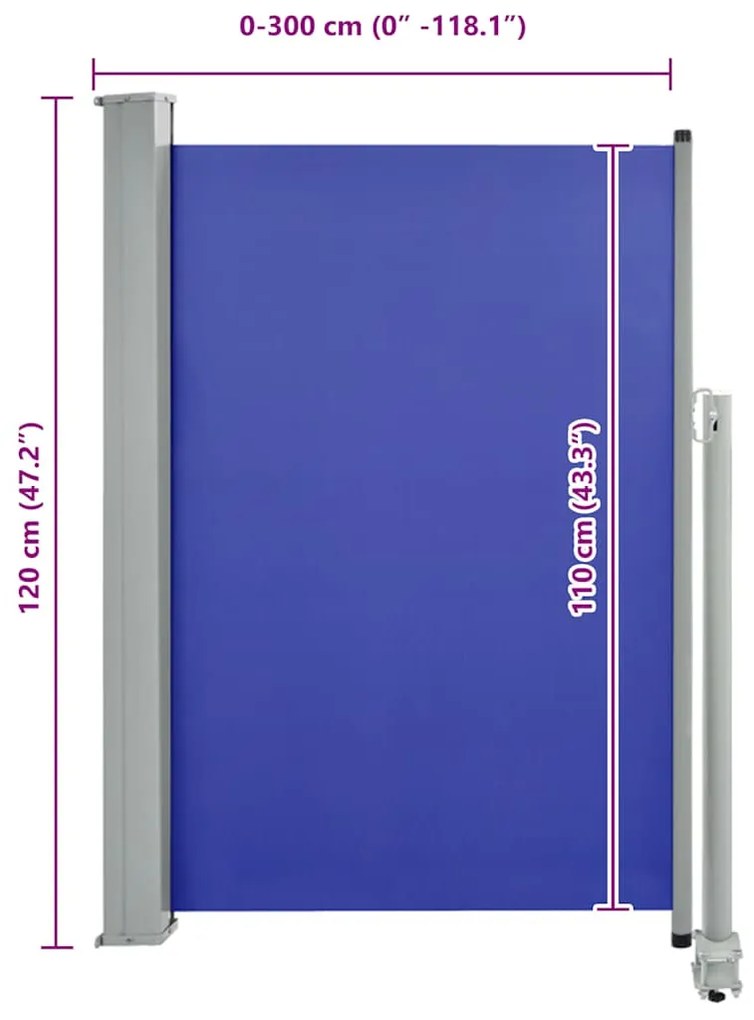 Toldo lateral retrátil para pátio 120x300 cm azul