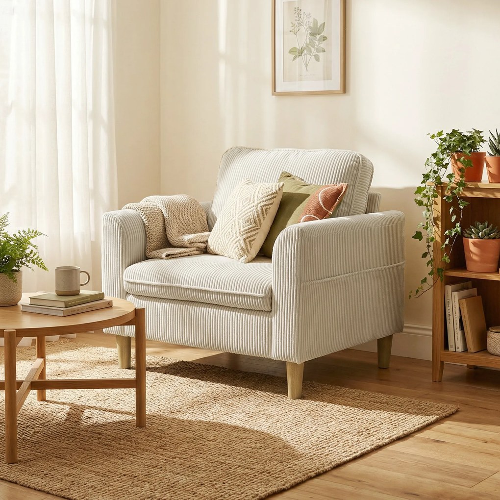Poltrona de sala em veludo canelado 83 x 74 x 87 cm, sofá de 1 lugar estofado com assento largo e almofada com molas, bege