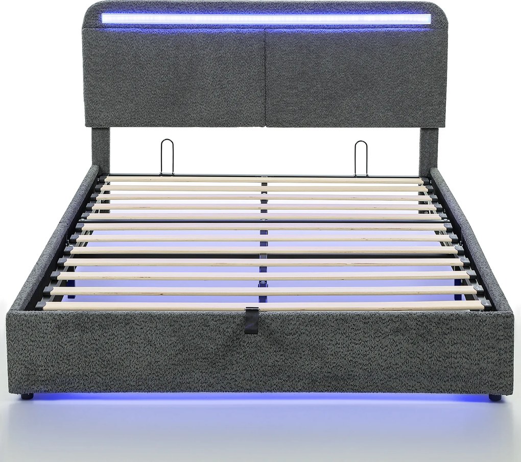 HOMCOM Cama com arrumação 140 x 190 cm com iluminação LED, cabeceira ajustável, estrutura de cama de casal, estrado de ripas em madeira, cinza | Aosom Portugal