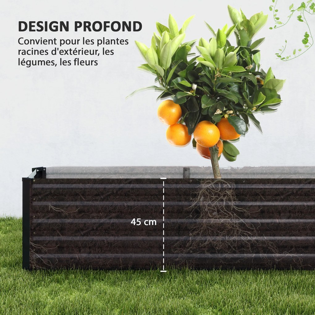 Floreira de horta elevada em aço galvanizado, com barras de suporte e placas de canto, fundo aberto, 240 x 40 x 45 cm, cinzento escuro