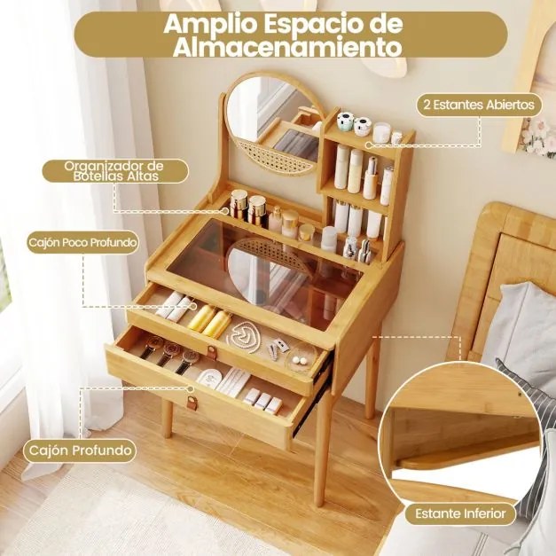 Toucador pequeno com espelho para maquilhagem 60 cm x 46,5 cm x 122 cm com 2 gavetas e prateleiras abertas Natural