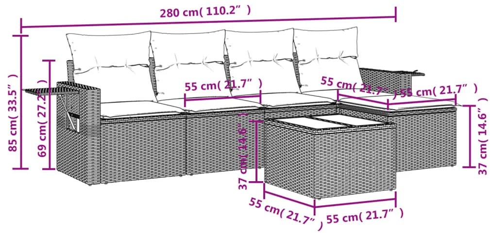 6 pcs conjunto sofás de jardim com almofadões vime cinzento