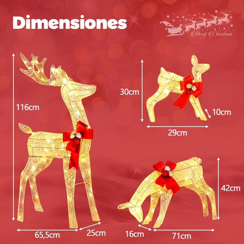 Conjunto familia de renas de 3 peças Decoração de Natal pré-iluminada com 230 luzes LED