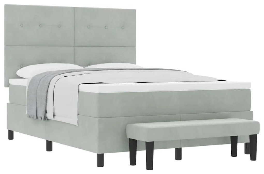 Cama Box Spring com Colchão &amp; Banco Cinza Claro 140x190 cm Veludo