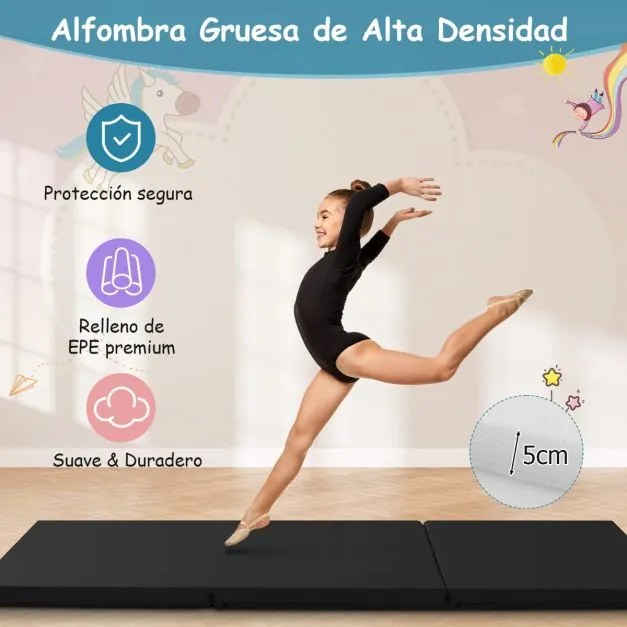 Tapete de exercícios portátil, leve e dobrável de 3 painéis com 2 pegas Ginástica compacta com enchimento de espuma EPE 180 x 60 x 5 cm Preto