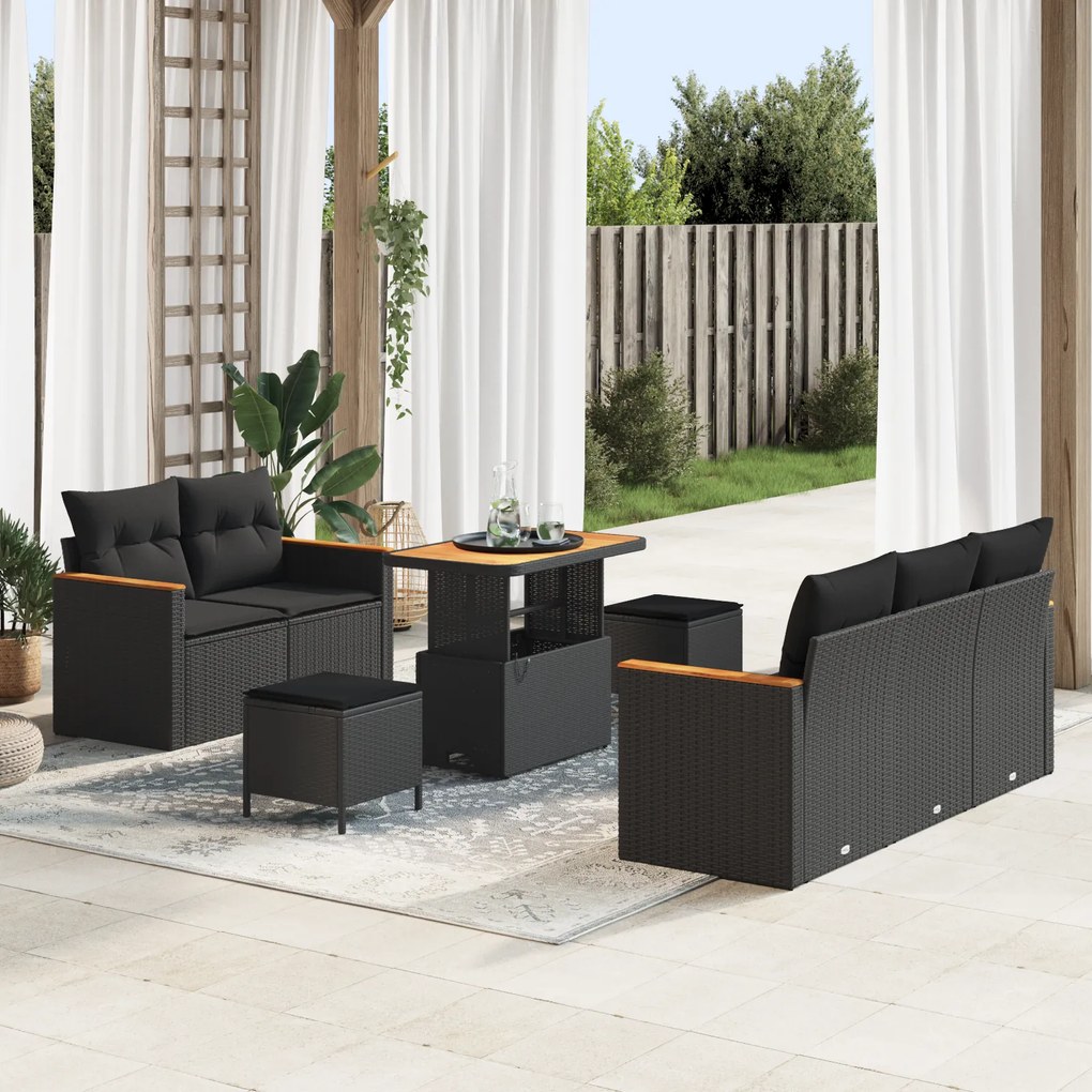 Conjunto de Sofás de Jardim de 8 Peças com Almofadas Preto Rattan Poliéster Acácia