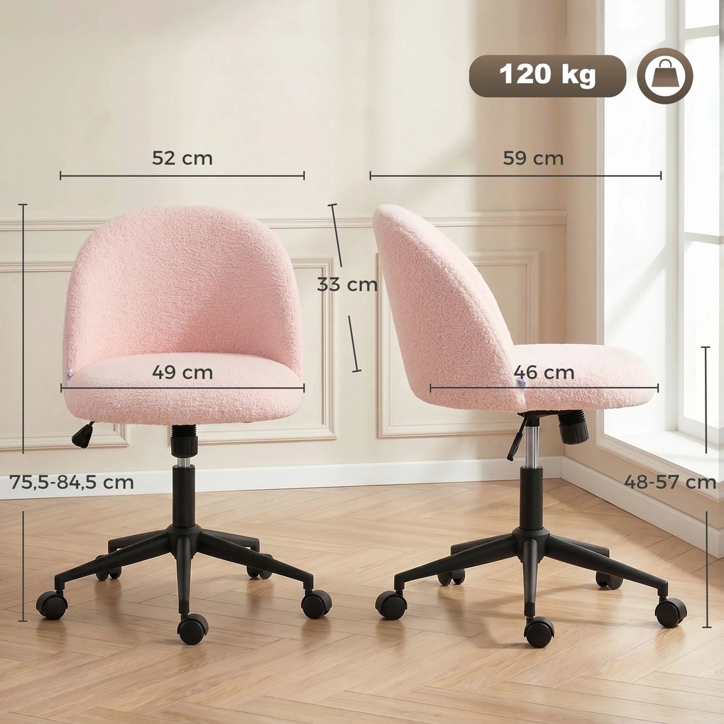 Cadeira de Secretária Ergonómica, 59 x 52 x 84,5 cm, Altura Regulável, Rosa