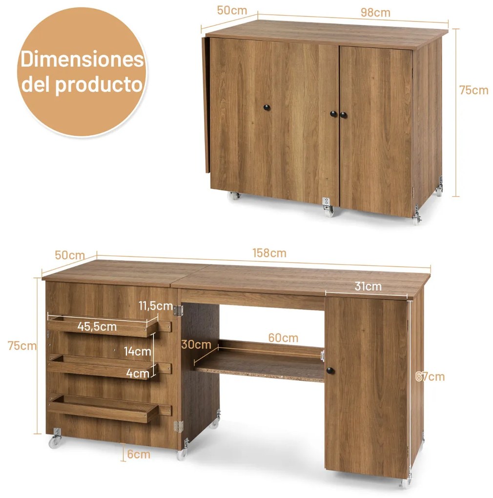 Mesa dobrável de costura rebatível com rodas bloqueáveis e armário com porta 158 x 50 x 75 cm Castanho