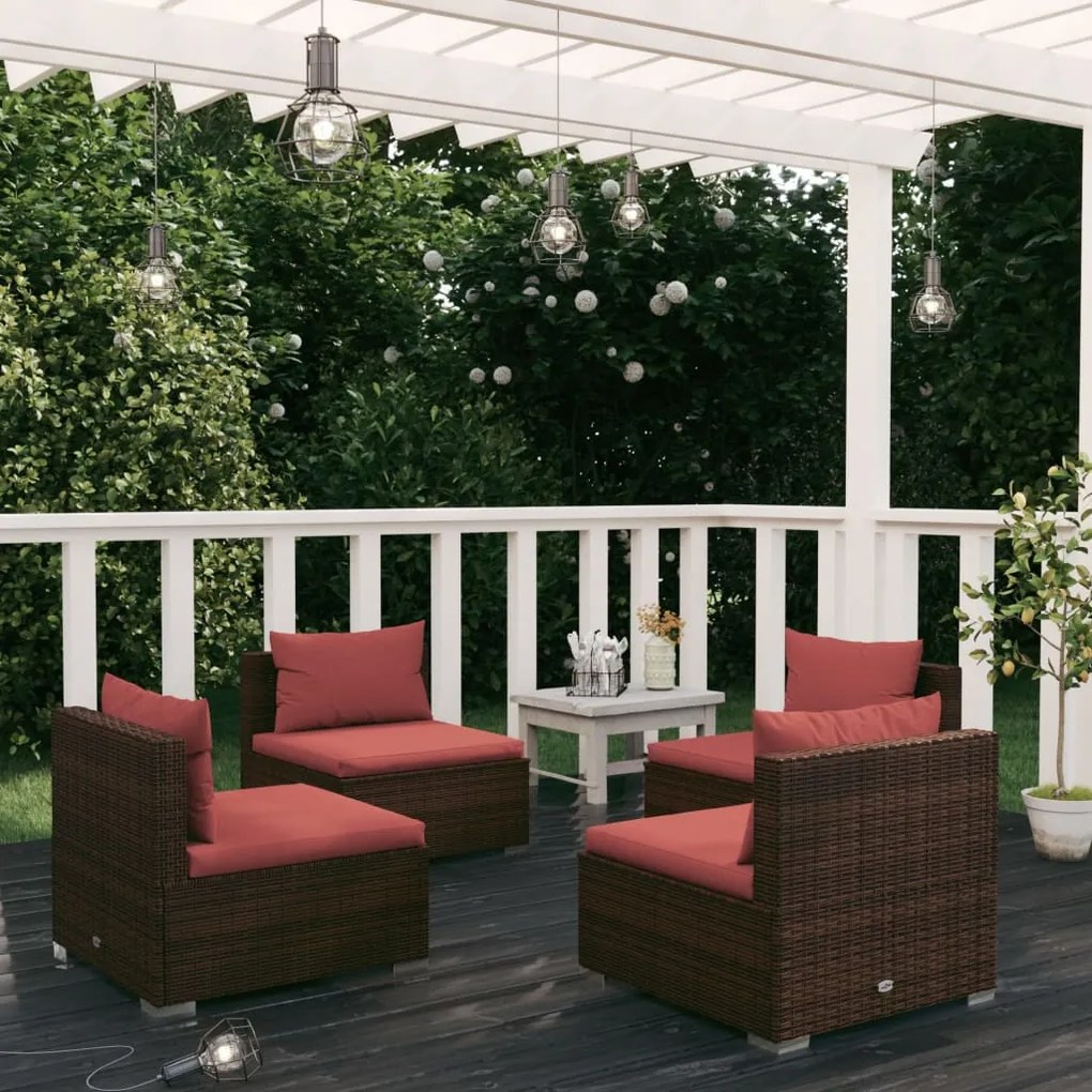 vidaXL 4 pcs conjunto lounge jardim c/ almofadões vime PE castanho