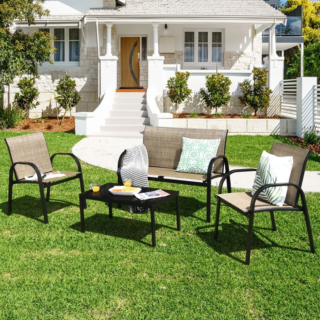 Conjunto jardim de mesa de centro, cadeirão e banco para mobiliário Mesa de jardim em ferro e rede Mesa de centro para terraço exterior Castanho
