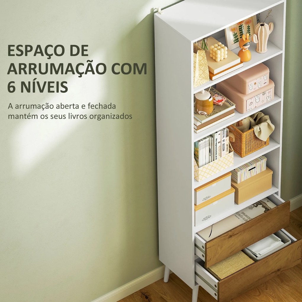 Estante para Livros de 6 Níveis com 2 Gavetas e 4 Prateleiras Abertas para Sala de Estar Escritório  60x30x179 cm Branco