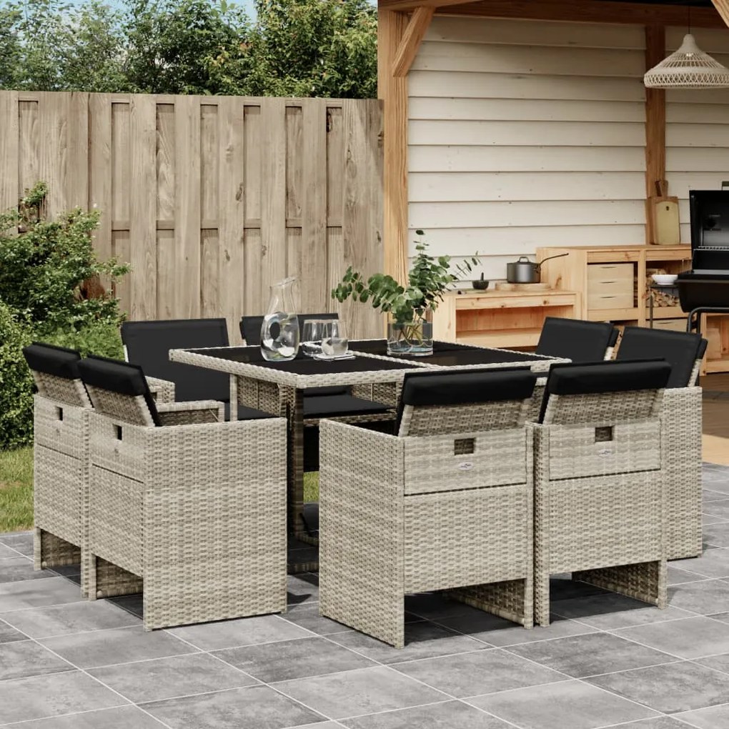 vidaXL 9 pcs conjunto de jantar p/ jardim c/ almofadões cinzento claro