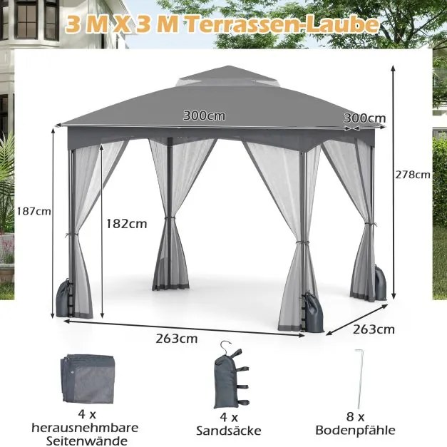 Pérgula jardim de 3 x 3 m com rede mosquiteira, com 4 sacos de areia e teto duplo, impermeável, estável, cinza.