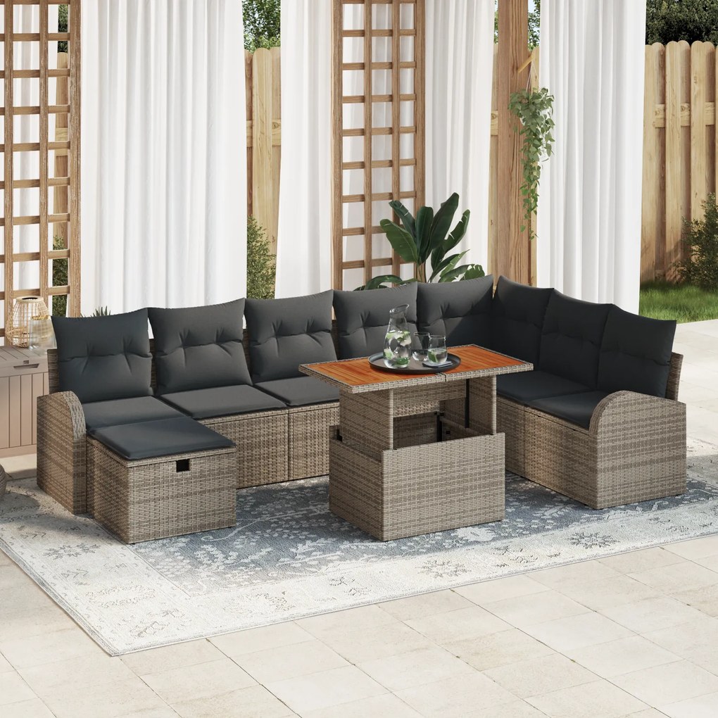 Conjunto de 9 Peças de Sofá de Jardim com Almofadas Cinza de Rattan Po