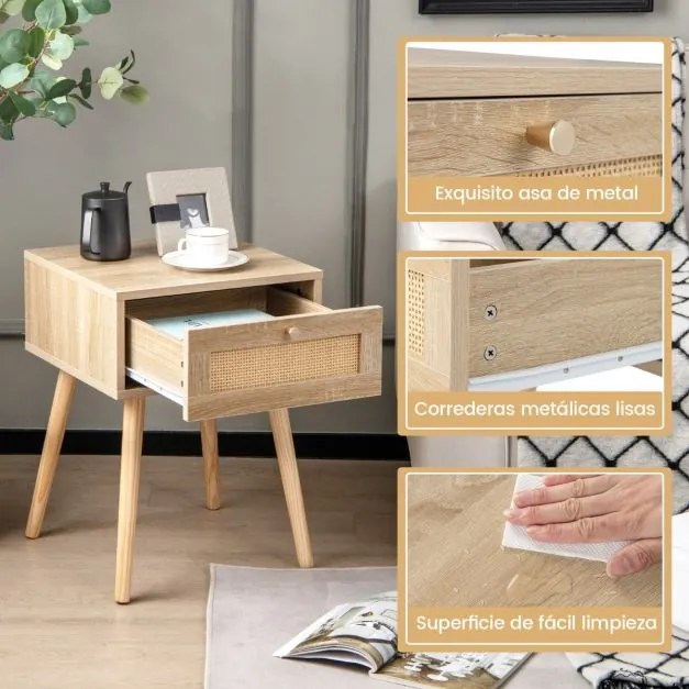 Conjunto de 2 mesas de cabeceira Boho com decoração em rattan tecido à mão para o quarto e a sala de estar 40 x 40 x 55 cm Natural